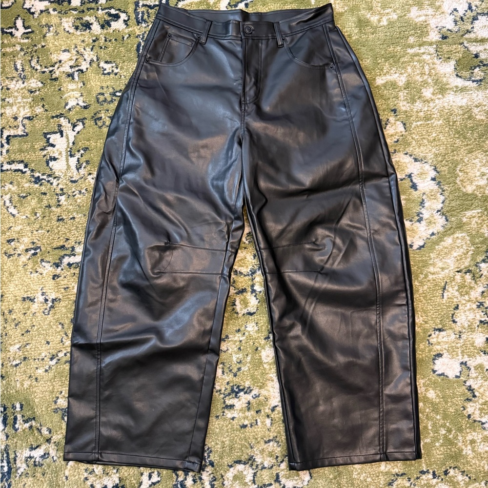 Miou Muse Faux Black Leather Barrel Pants NWOT